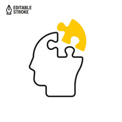 Head with puzzle piece icon. Concept of whole person. Vector outline icon with editable stroke