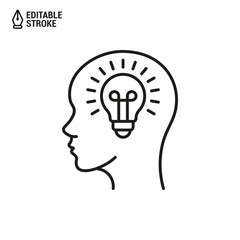 Head with lightbulb icon. Concept of new idea. Idea generation process. Vector outline icon with editable stroke