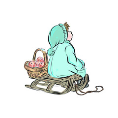 Boy sits in sleigh with basket with apples under snowfall. hand drawn vector clip art. illustration for vintage postcard or poster