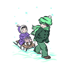 Boy and girl ride on sled. Children game on outdoors in winter. hand drawn vector clip art. illustration for vintage postcard or poster