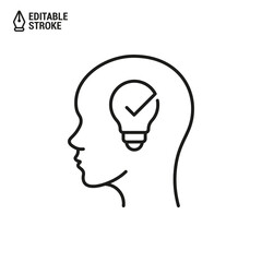 Head with lightbulb and tick (checkmark) icon. Concept of new good idea. Vector outline icon with editable stroke