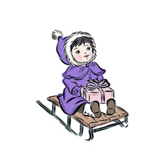 sledding girl, vector clip art. illustration for vintage postcard or poster
