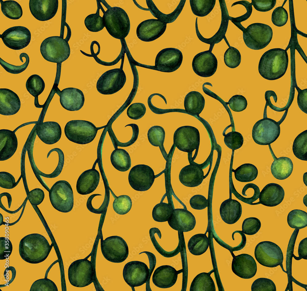 Wall mural hanging branches of grapes, watercolor painting. seamless pattern isolated on yellow background. des