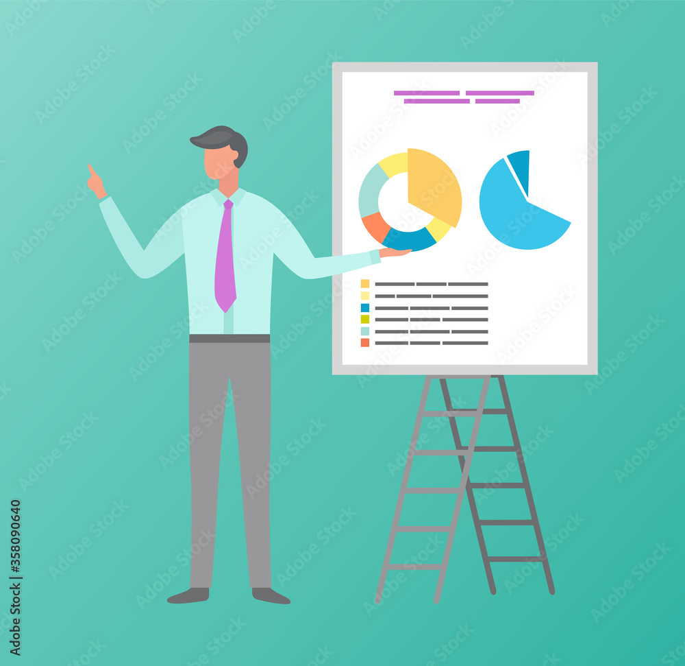 Poster man presenting circle diagram on board, statistics and report of strategy. worker showing colorful c
