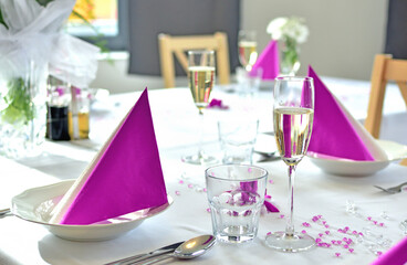 Romantic festive wedding table set in pink color