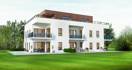 Concept 3D d'un petit immeuble résidence moderne avec balcon et jardin en co-propriété - obrazy, fototapety, plakaty