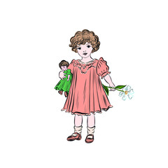 Little girl with toy. Hand drawn vector clip art. illustration for vintage postcard or poster
