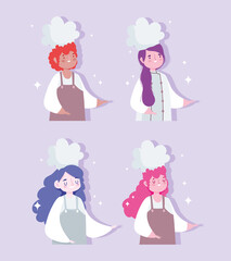 stay at home, portrait female chefs occupation characters, cooking quarantine activities