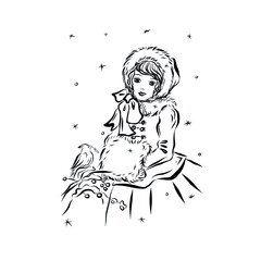 Little girl in warm winter fur coat in vintage style. Beautiful young lady warms her hands in fur clutch. Cute lovely character for Christmas retro greeting card, book illustration. Winter vacation