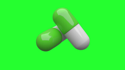 Two white-green pills isolated. Green Screen. 4K UHD. 3d rendering. 