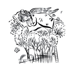 Holy child worship god. Ascension Jesus. Cute Christmas angel baby. Symbol of religion. 