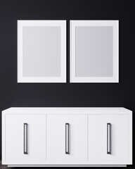 blank two frame on black  wall mock up, vertical black poster frame on wall with white cabinets, picture frame on a wall, mock up for picture or photo frame,3d render
