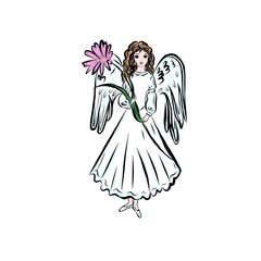 Angel with flower. Worship god. Ascension Jesus. Spiritual woman prays to God. Fantasy religion symbol. 
