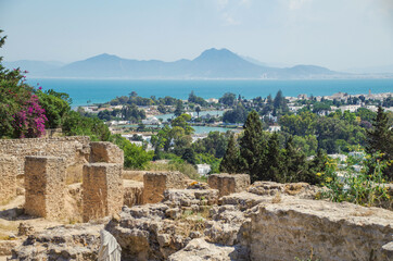 Carthage. Ruins of Phoenician district. Scenic view of harbor and Mediterranean Sea. Nature and...