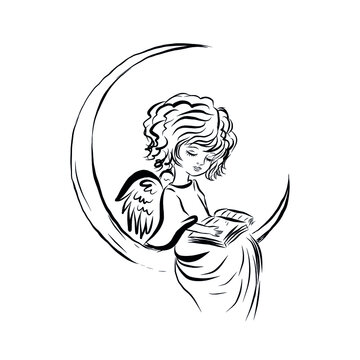 Angel baby reads book sitting on the moon. Coloring book with symbol of god of man. Happy baby. Concept of resurrection of Jesus Christ. Christmas, Easter design.