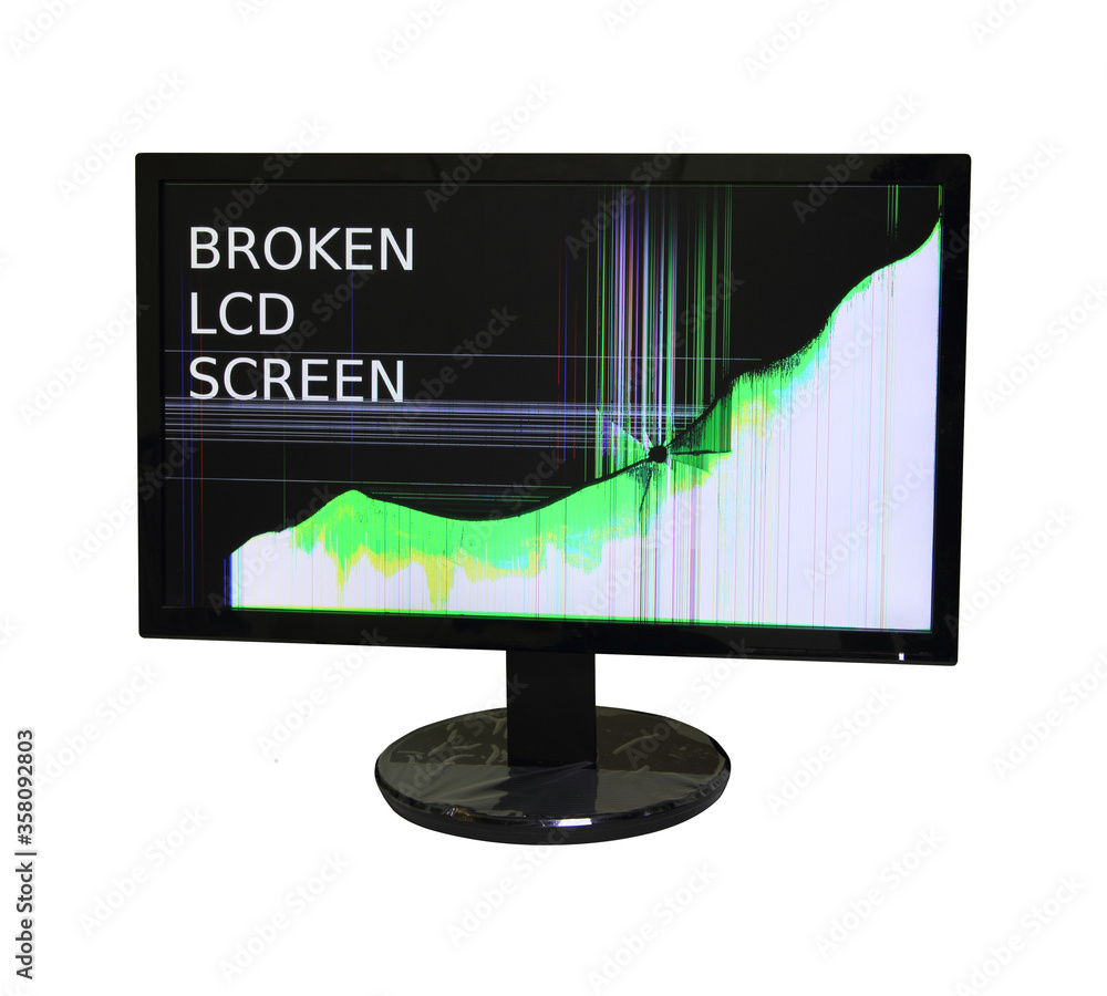 Wall mural computer monitor or lcd display with broken screen isolated on white background