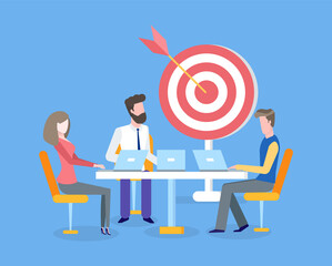 Target with arrow, teamwork and business goals achievements vector. Men and woman with laptops, aim and cooperation, programmers and marketologists