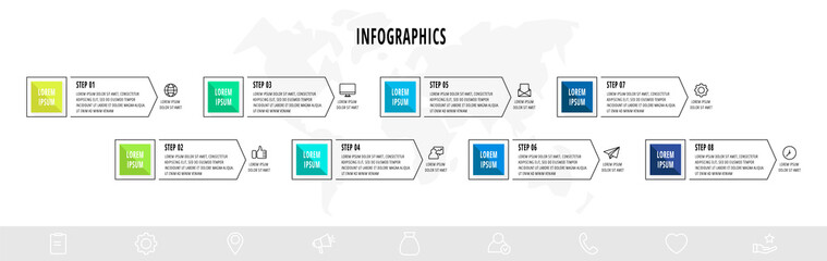 Vector infographics design template with arrows. Eight steps. Modern line concept can be used for diagram, business, web, banner, workflow layout, presentations, timeline, content, levels