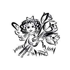 Smiling angel girl with flowers. Bouquet of spring tulips. Coloring book with symbol of god of man. Happy baby. Concept of resurrection of Jesus Christ. Christmas, Easter design. 