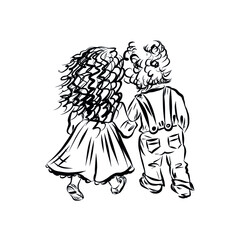 Couple of lovers. Boy with girl stand back. Design for Valentine's Day. Love. Coloring page