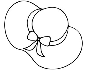 The hat is female. Straw hat with bow. Vector illustration. Outline on an isolated white background. Sketch. Sun protection. Beachfront napper. Doodle style. Vacation mood. Idea for web design. 