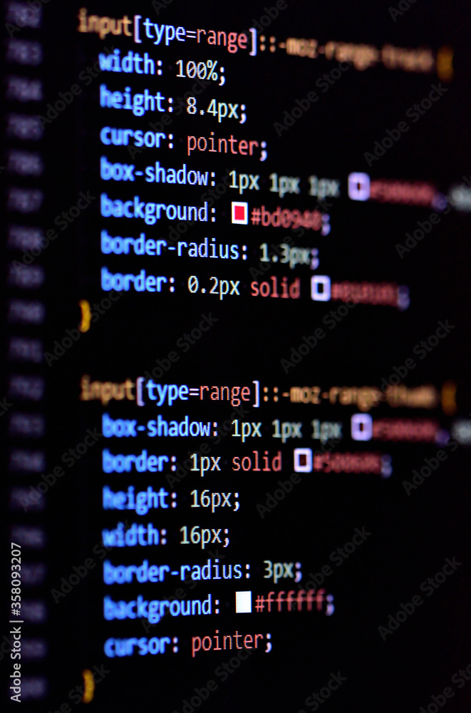 Fototapete close-up of modern css3 cascade style sheet programming code for html coding. vertical photo.