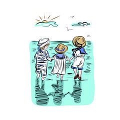 Group of children in straw hats holding hands on seashore. Fun outdoor. Kids on beach in headwears who protecting from sun. Joyful childhood moment summer vacation. 