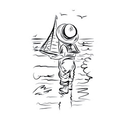 Little boy in straw hat who protecting from sun stands on seashore and holds toy ship watching the waves. Joyful childhood moment summer vacation. Kid plays on beach. Fun outdoor. Coloring book