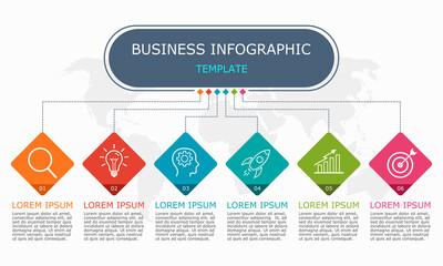 Business infographic Vector with 6 steps.Used for presentation,information,education,connection,marketing, project,strategy,technology,learn,brainstorm,creative,growth,abstract,stairs,idea,text,work.