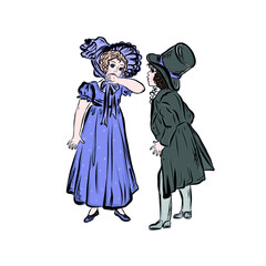 Girl and boy in vintage style from the nineteenth century. Gentleman in top hat and tailcoat, girl dressed in hat and long dress. Valentine's Day Greeting Card