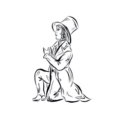 Coloring page of Gentleman sitting on his knee makes an offer. Boy in vintage top hat and tailcoat