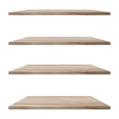 4 Wood shelves table isolated on white background and display montage for product.