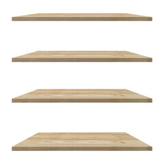 4 Wood shelves table isolated on white background and display montage for product.