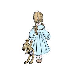 Little blonde girl in blue dress standing with her back and holds teddy bear. Colorful character. Beautiful child. Cartoon vector illustration.