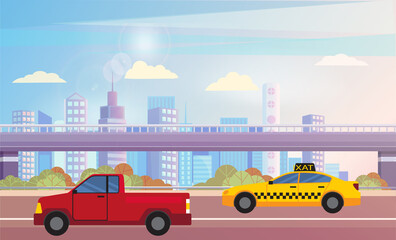 Red pickup and yellow taxi driving on city asphalted road or highway. Beautiful cityscape on background with skyscrapers. Blue sky with clouds, good weather. Vector illustration in flat style