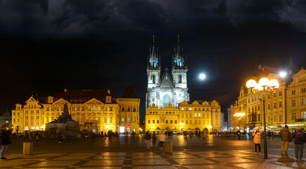 Fototapeta na wymiar Prague old town square night view featuring Church of our Lady before tyn