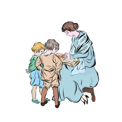 Woman and boys look at book. Mom reads fairy tale to her sons dressed in traditional clothes. Teacher and students. Educational leisure family. 