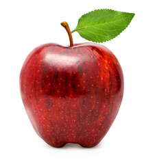 Red apple fruit with leaf isolated on white background