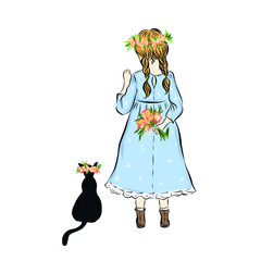 Girl with black cat. Beautiful girl with flowers. Summer holiday. Children vacation. Child with home per. Kitty with adorable kid. 