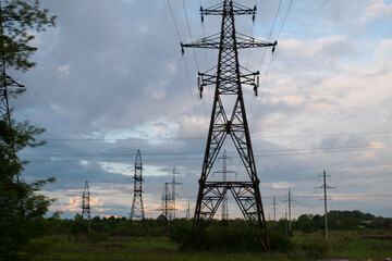 Cloudy sky after the rain. Natural seasonal, weather, climate, countryside beauty concept and background scene. Ecology. Electrical support