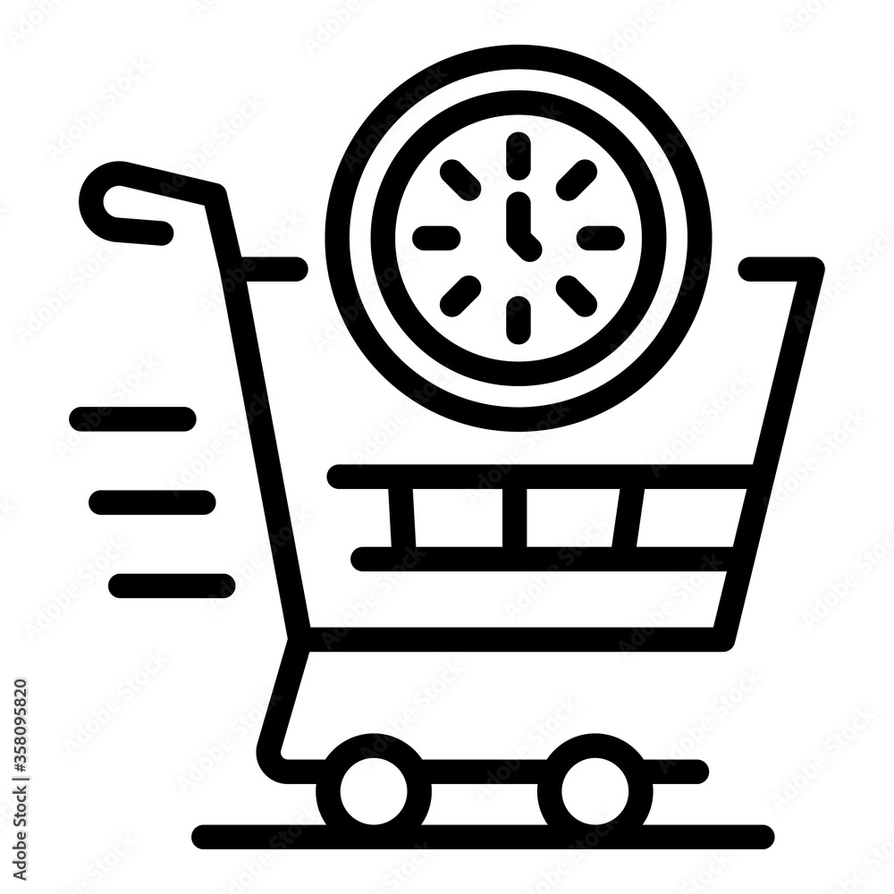 Poster Shopping cart and clock icon. Outline shopping cart and clock vector icon for web design isolated on white background