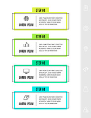 Vector infographics design template with icons. Four steps. Modern line concept can be used for diagram, business, web, banner, workflow layout, presentations, flow chart, info graph, timeline