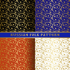 Seamless set of floral golden pattern with four options for background color in Russian folk style