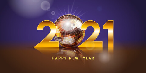 2021 Happy NewYear. Holiday design with disco ball. Vector illustration.