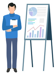 Business education, male near board with graphs and charts standing with clipboard in hands. Vector isolated businessman or executive manager makes report