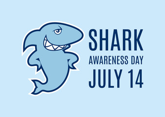 Shark Awareness Day vector. Cool shark icon vector. Funny shark cartoon character. Shark icon isolated on a blue background. Cool sea predator icon. Shark Awareness Day Poster, July 14. Important day