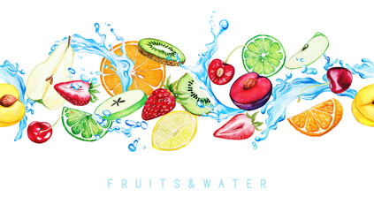 Watercolor garden fruits and water splashes, seamless border