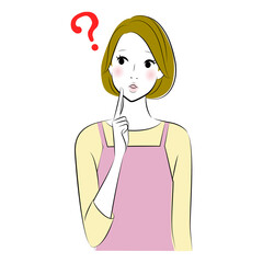young housewife with apron, having some questions