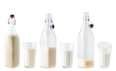 A bottle of milk, full, full half. A glass of milk. Three angles, isolated object on white background. Photo, image.