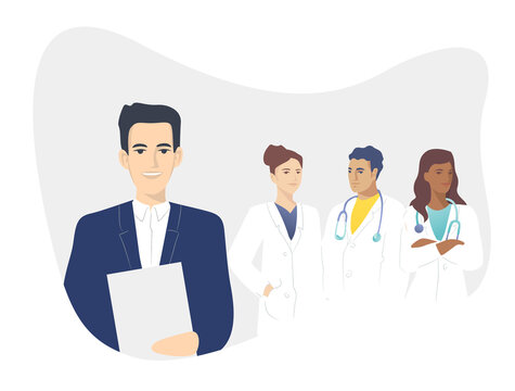 Handsome Hospital Administrator. Medical Insurance Illustration -modern Concept - A Male Administrator With A Team Of Doctors In, Medical Office. Yellow-blue Design.